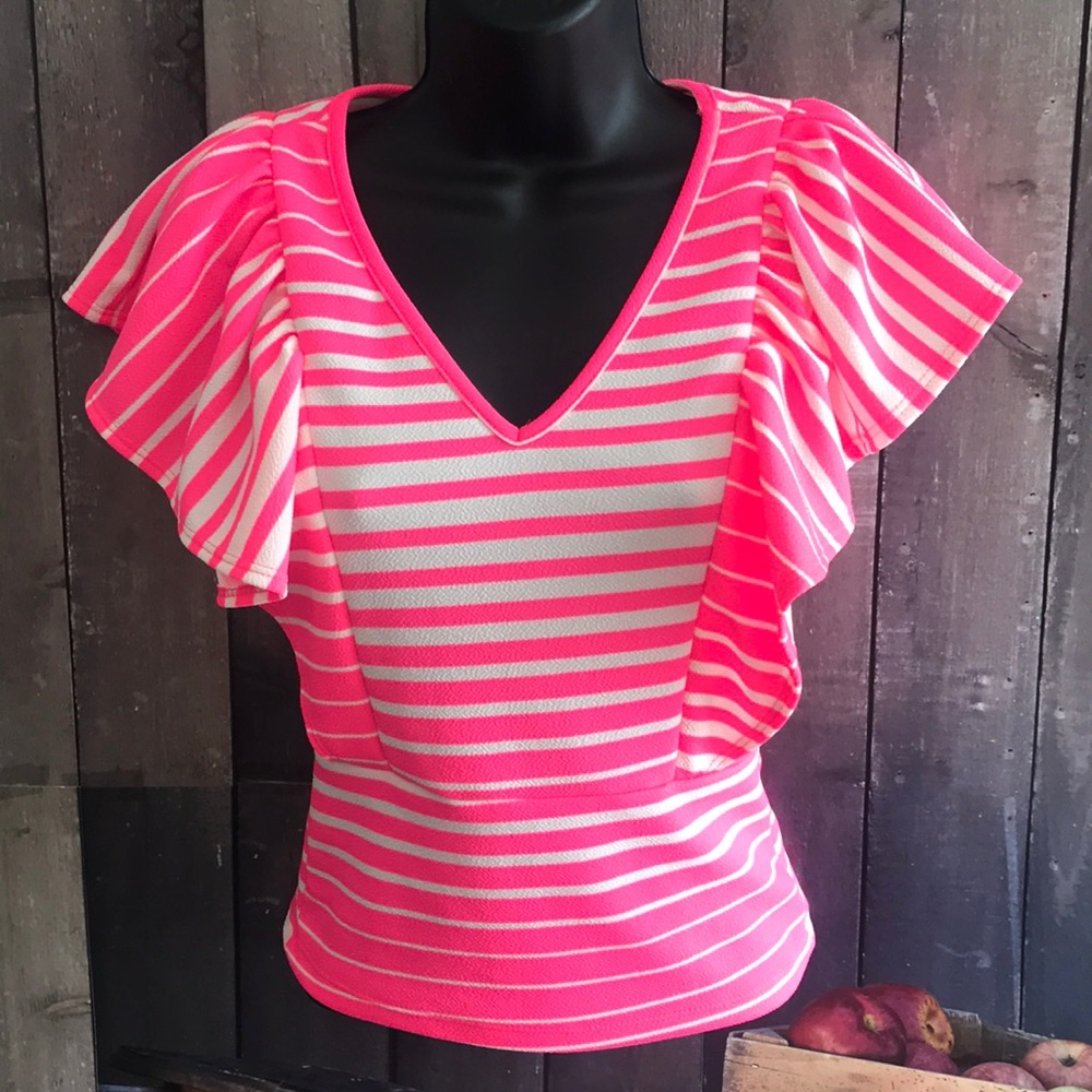 One By One Neon Pink & White Ruffle Sleeve Top